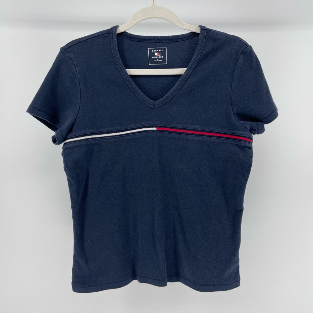 Tommy Hilfiger Y2K Navy V-Neck Stretch Knit Top, Short Sleeves, 100% Cotton